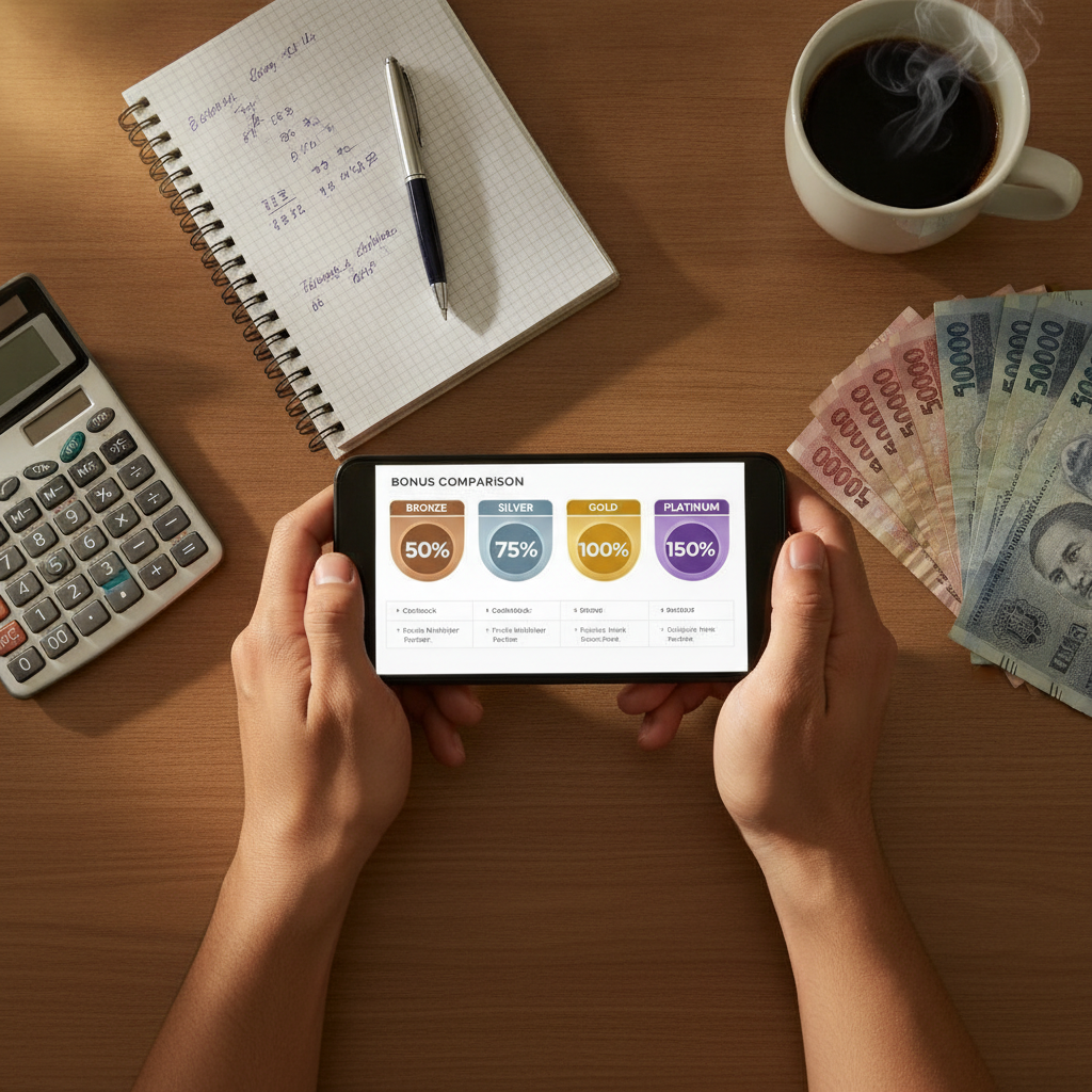 Person comparing casino bonus offers on smartphone with peso bills and calculator on desk